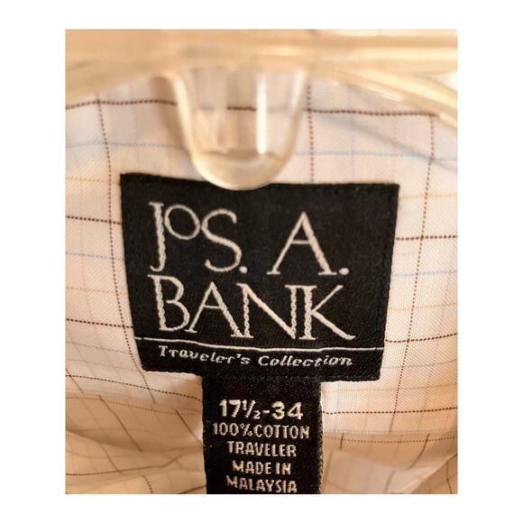Jos. A Bank Dress Shirt Mens 17.5, 34 White with Brown/Blue Pattern, Travelers - Picture 3 of 6